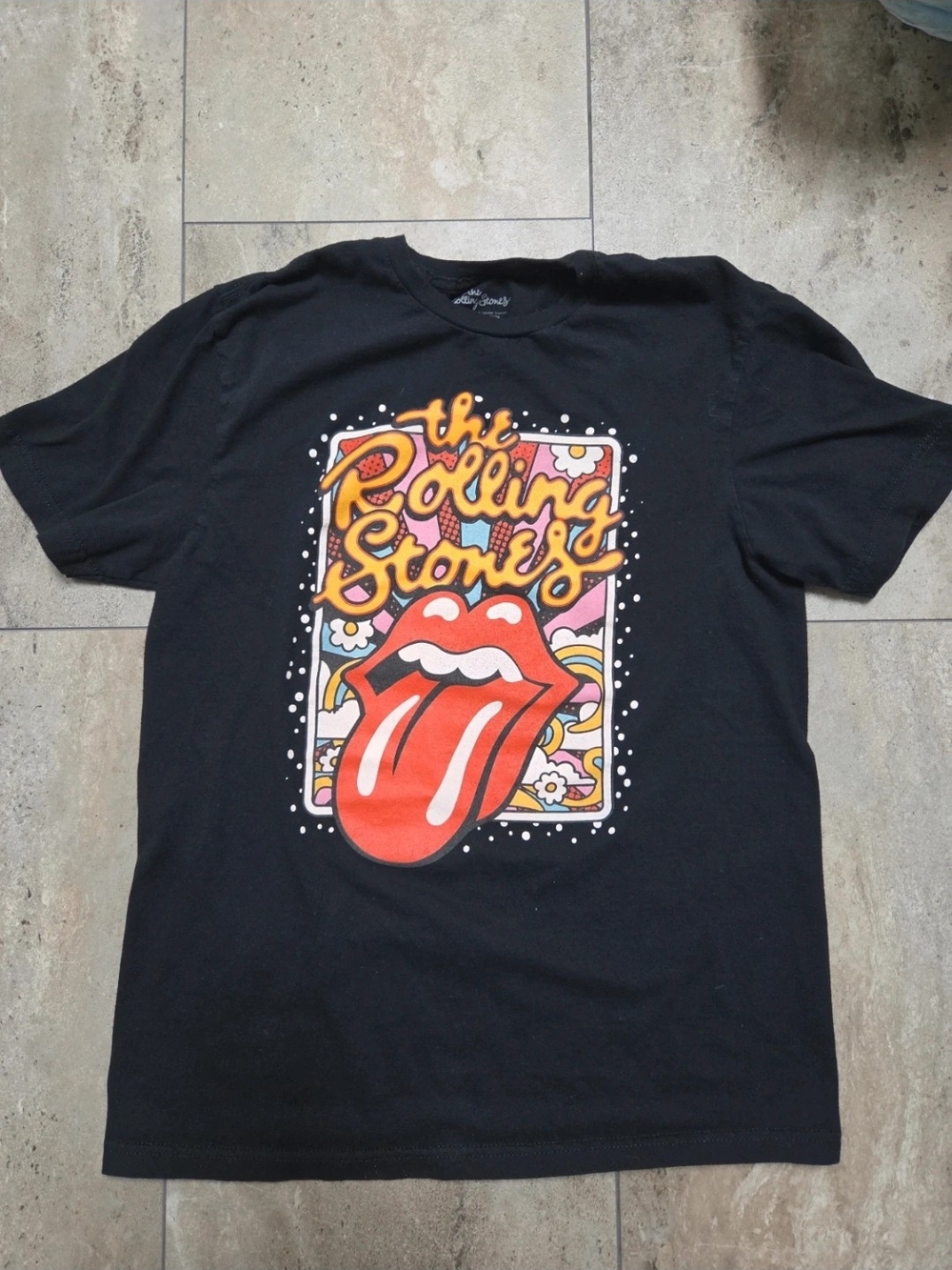 - The Rolling Stones Black Tee with Red Tongue and Yellow Script